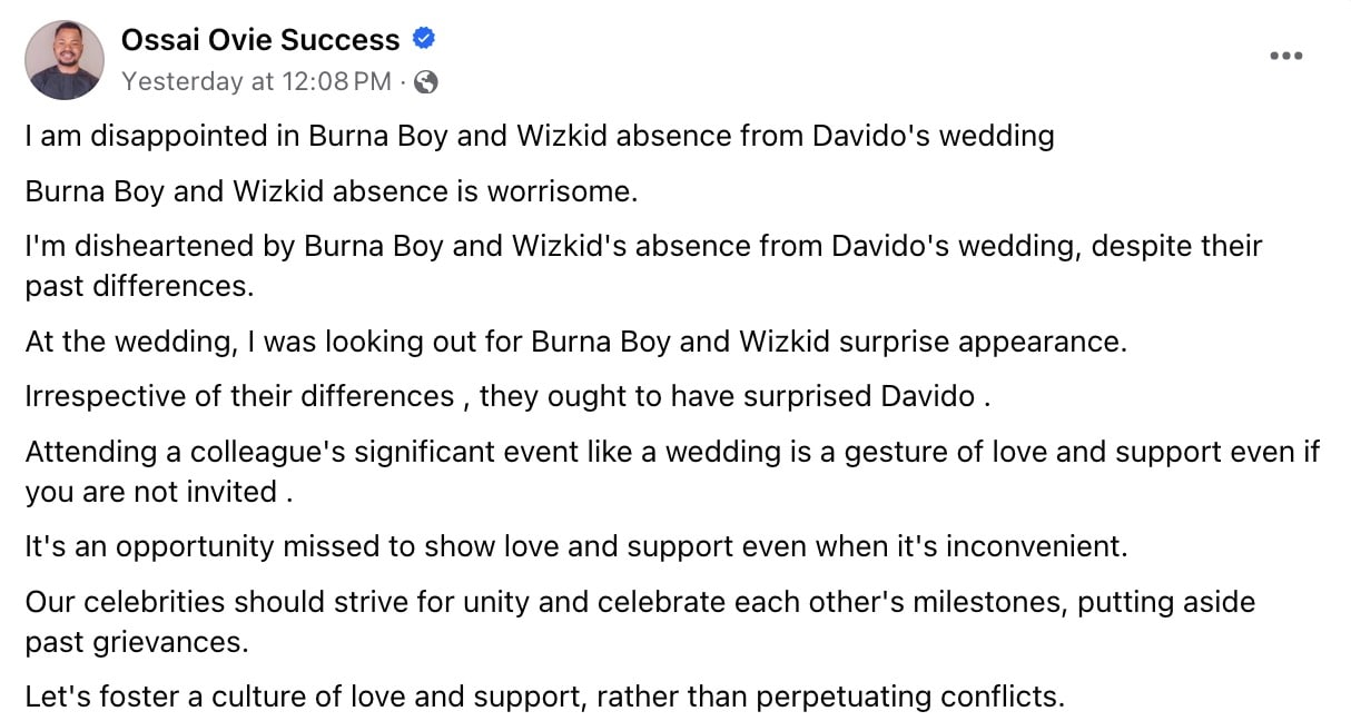 Ossai Ovie berates Burna Boy, Wizkid for not surprising Davido at wedding